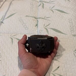 Brown Webbing Belt with Fleur-de-Lis Metal Buckle